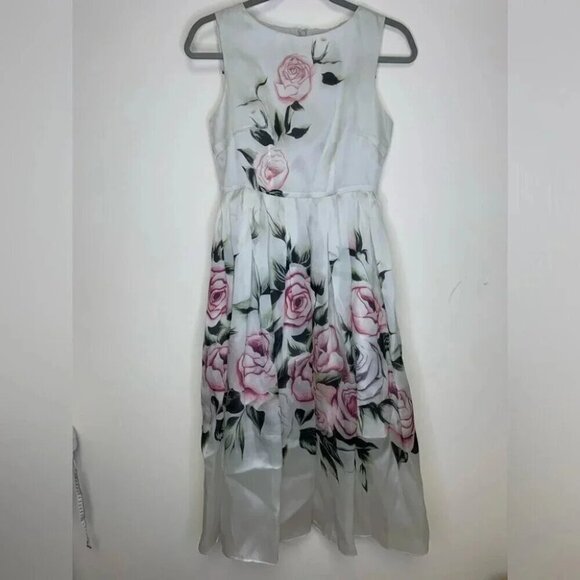 Floral Rose Print 100% Silk Cotton Lining Balloon Skirt Midi Dress Size Small - Picture 2 of 13